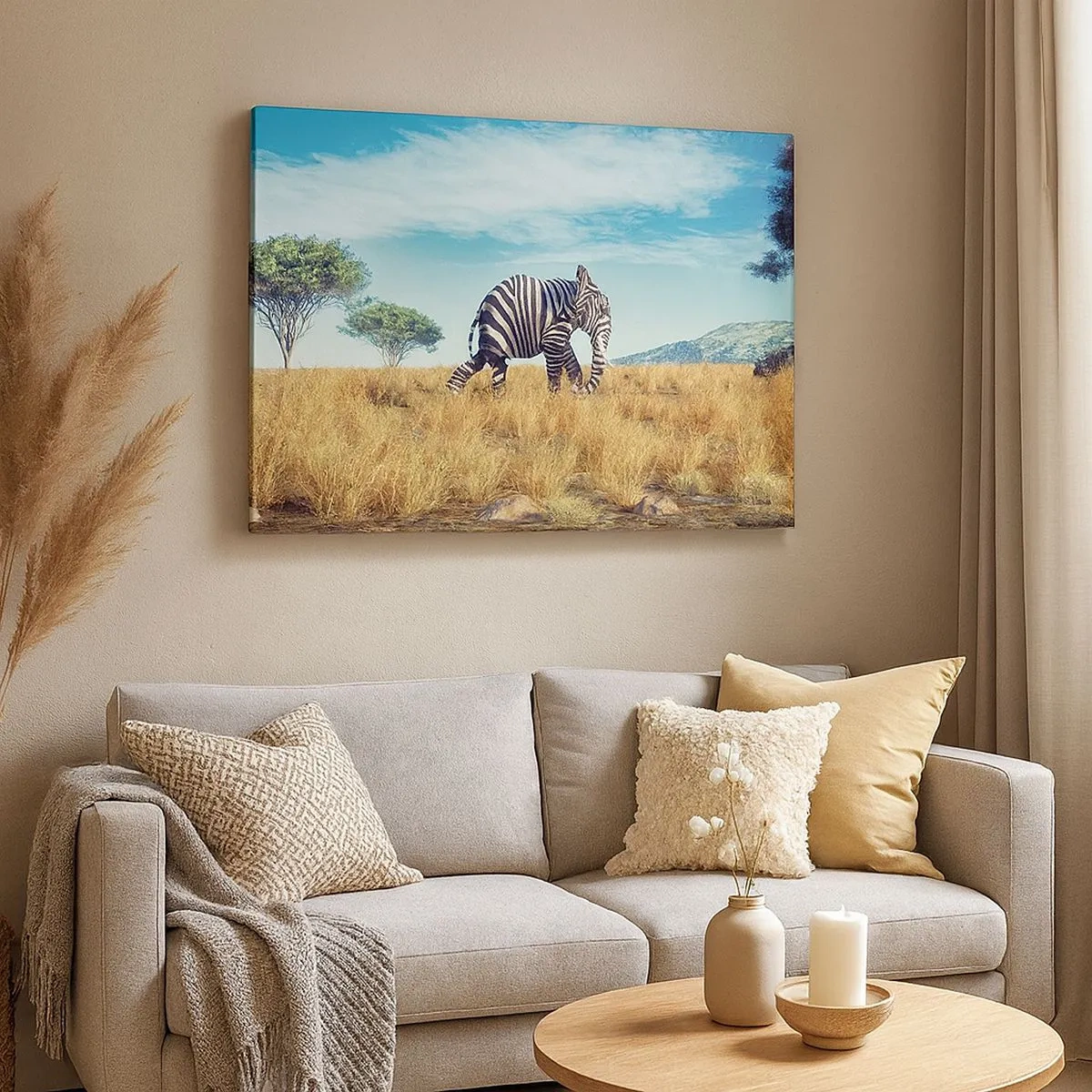 Obraz na plátne - Zebra v africkej krajine - 70x50cm - Šedá už nie je v móde - Moderná nástenná dekorácia do obývacej izby a spálne ARTTOR