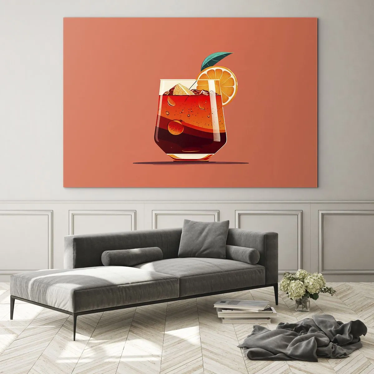 Obraz na skle - Farebný nápoj s pomarančom na teplom broskyňovom pozadí - 70x50cm - Letné osvieženie - Moderná nástenná dekorácia do obývacej izby a spálne ARTTOR