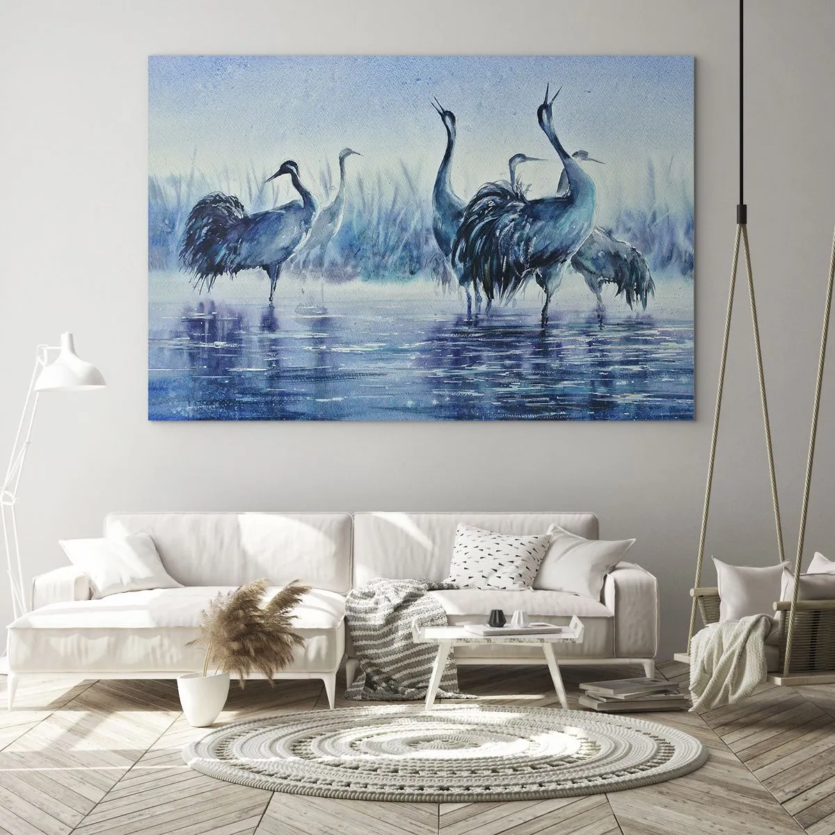 Obraz na skle - Vtáky brodiace sa v modrej vode - 70x50cm - Ranné stretnutie - Moderná nástenná dekorácia do obývacej izby a spálne ARTTOR