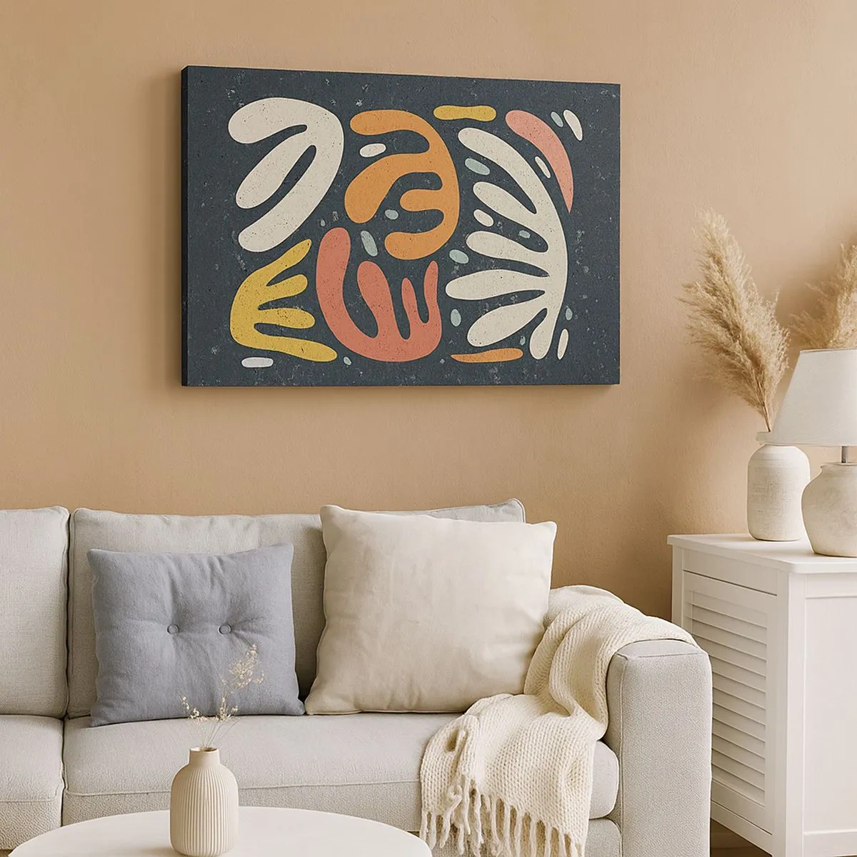 Obraz na plátne - Abstraktné tvary v teplých farbách na tmavom pozadí - 70x50cm - Kompozícia – hneď ťa chytím - Moderná nástenná dekorácia do obývacej izby a spálne ARTTOR