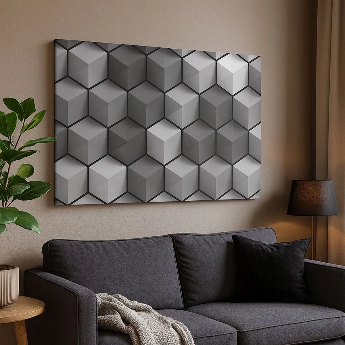 Obraz na plátne - Geometrické zloženie kociek v odtieňoch sivej a čiernej - 70x50cm - Kubistické puzzle - Moderná nástenná dekorácia do obývacej izby a spálne ARTTOR