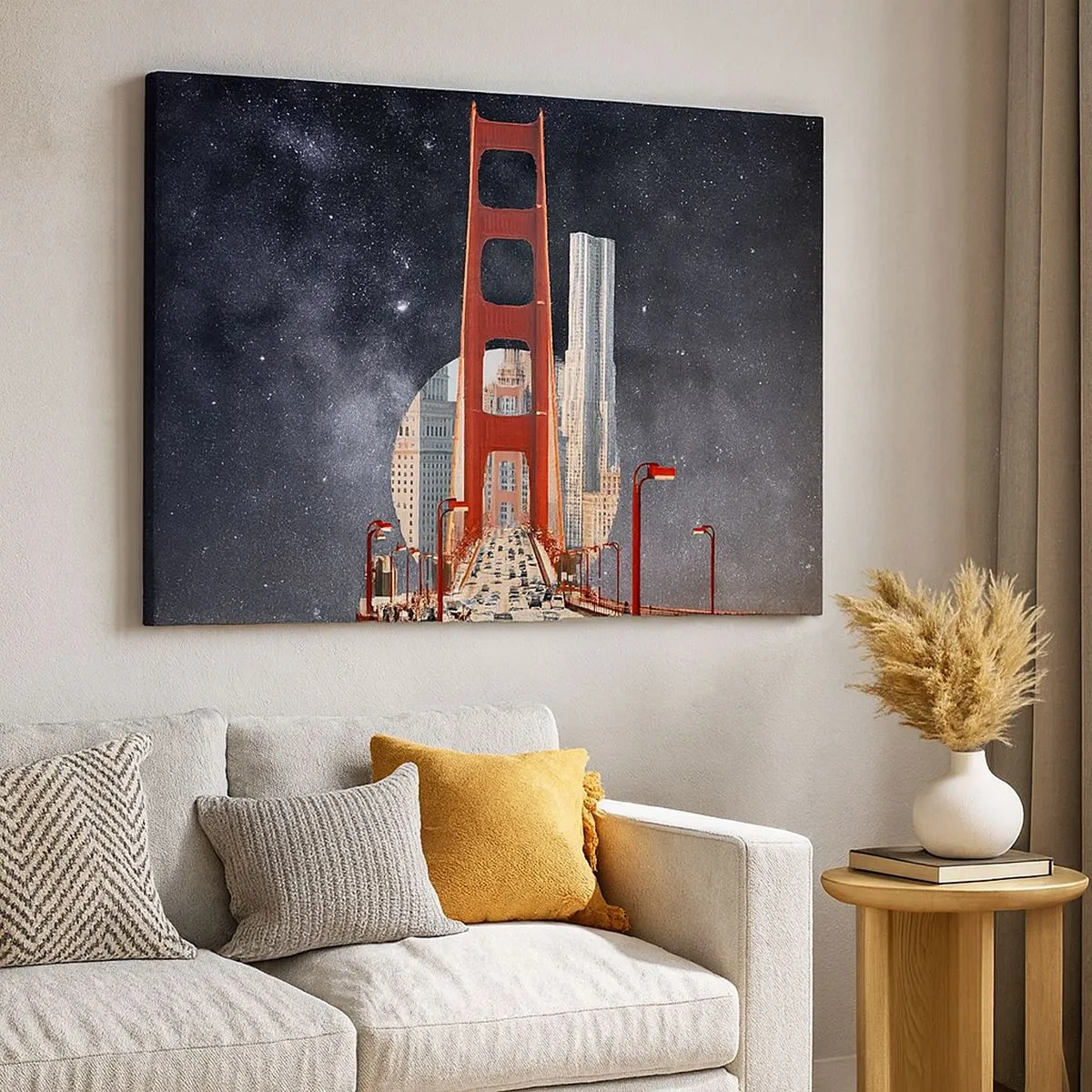 Obraz na plátne - Most Golden Gate s mestom v pozadí na pozadí hviezdnej oblohy - 70x50cm - Vždy v centre - Moderná nástenná dekorácia do obývacej izby a spálne ARTTOR