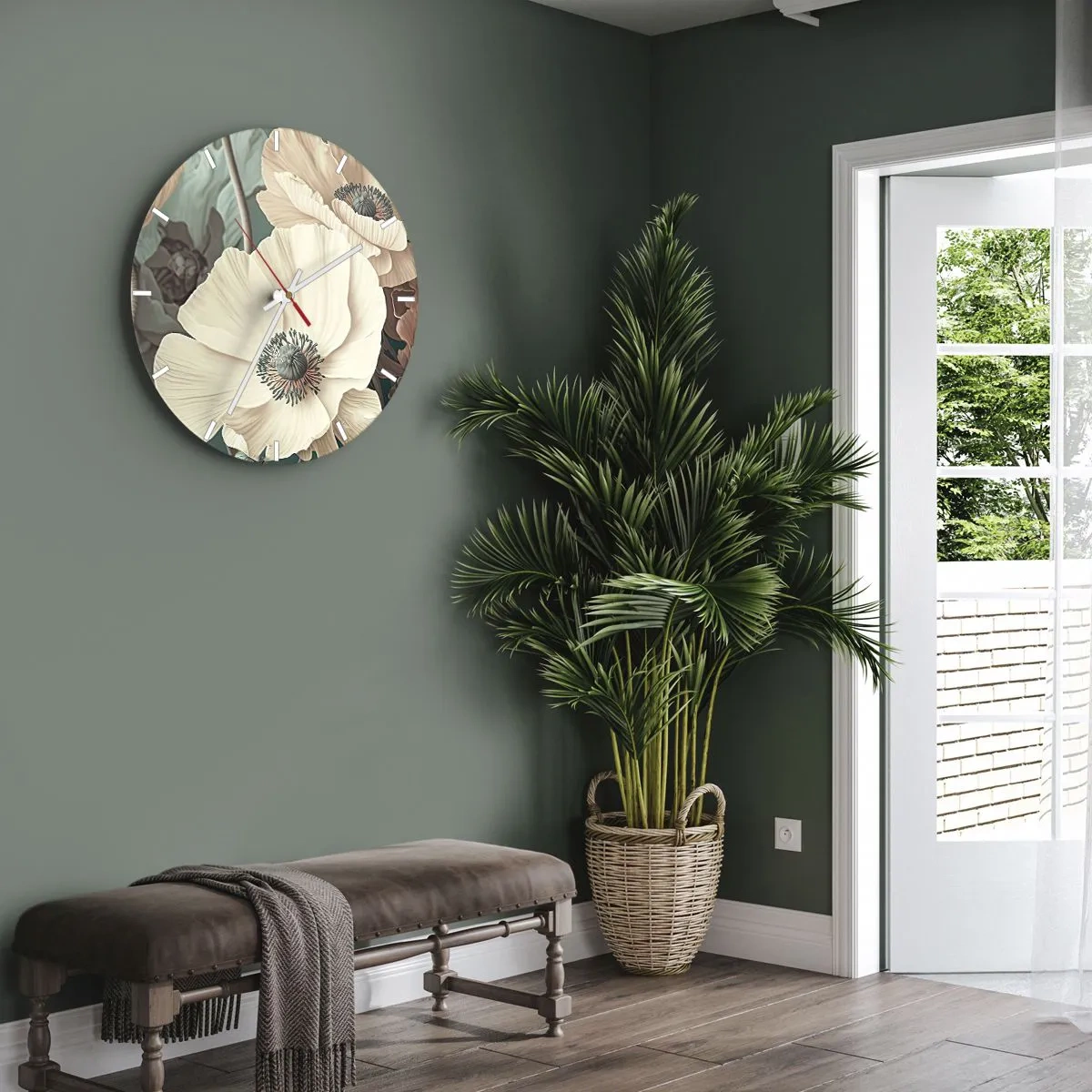 Nástenné hodiny - Krémové makové kvety na pozadí listov v tlmenej pastelovej palete - 30x30cm - Šepot makov - Moderná nástenná dekorácia do obývacej izby, kuchyne a spálne ARTTOR