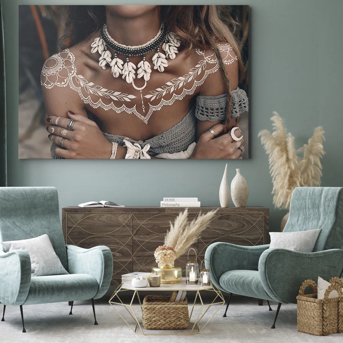 Obraz na plátne - Boho štýl s mušľovými šperkami a čipkovaným vzorom - 70x50cm - Talizmany, rituály ženskosti - Moderná nástenná dekorácia do obývacej izby a spálne ARTTOR