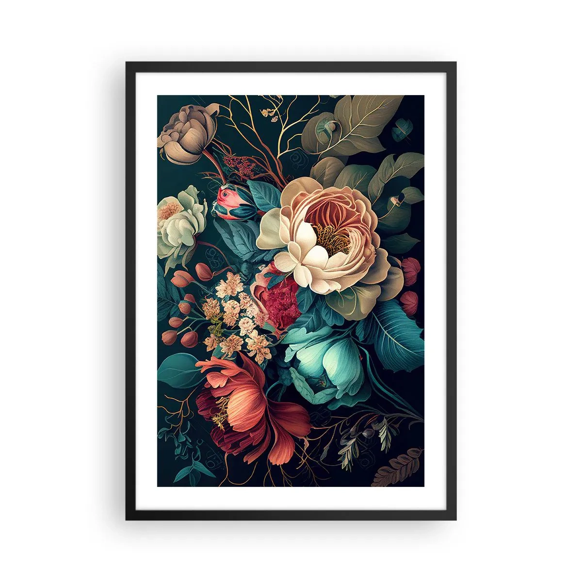 Plagát v čiernom ráme - Kytica kvetov v barokovom štýle na tmavom pozadí - 50x70cm - Pôvab 19. storočia - Moderná nástenná dekorácia do obývacej izby a spálne ARTTOR