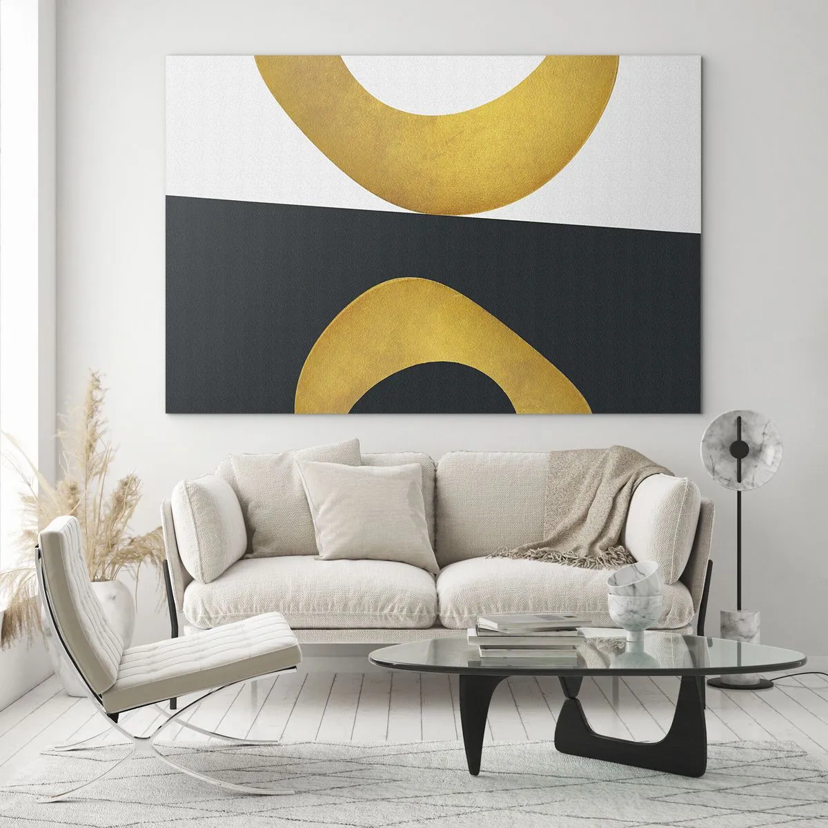 Obraz na skle - Zlaté geometrické tvary na bielom a čiernom pozadí - 70x50cm - Po prvé: zlato - Moderná nástenná dekorácia do obývacej izby a spálne ARTTOR