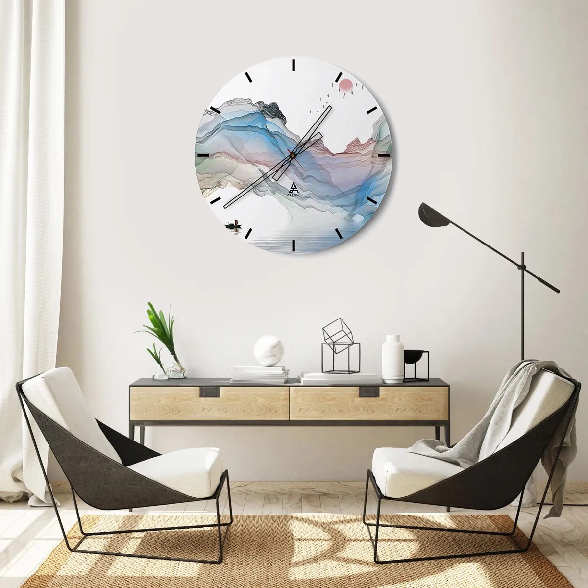 Nástenné hodiny - Farebné, éterické hory s loďkou na vodnej hladine - 30x30cm - Ku krištáľovým horám - Moderná nástenná dekorácia do obývacej izby, kuchyne a spálne ARTTOR