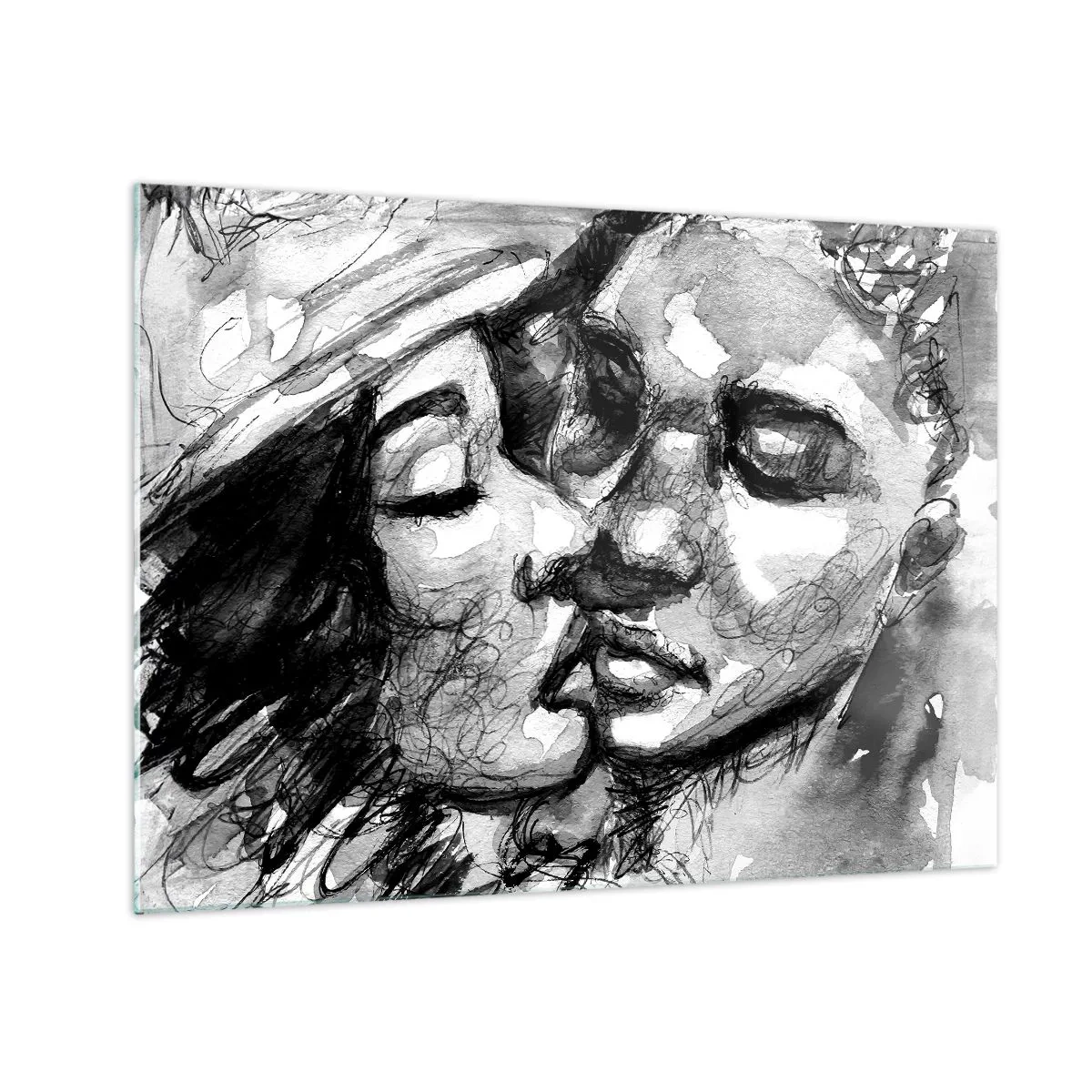 Obraz na skle - Čiernobiely náčrt nežného bozku - 70x50cm - Nežný okamih - Moderná nástenná dekorácia do obývacej izby a spálne ARTTOR