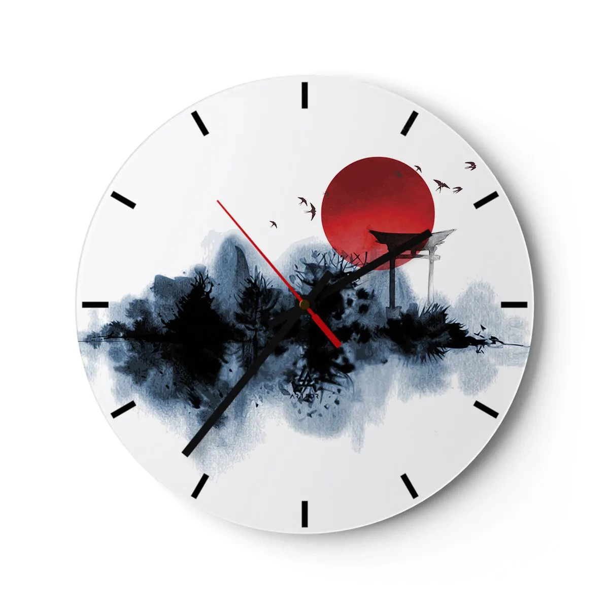 Nástenné hodiny - Červená slnečná guľa a brána torii v japonskom štýle nad vodou - 30x30cm - Japonský pohľad - Moderná nástenná dekorácia do obývacej izby, kuchyne a spálne ARTTOR