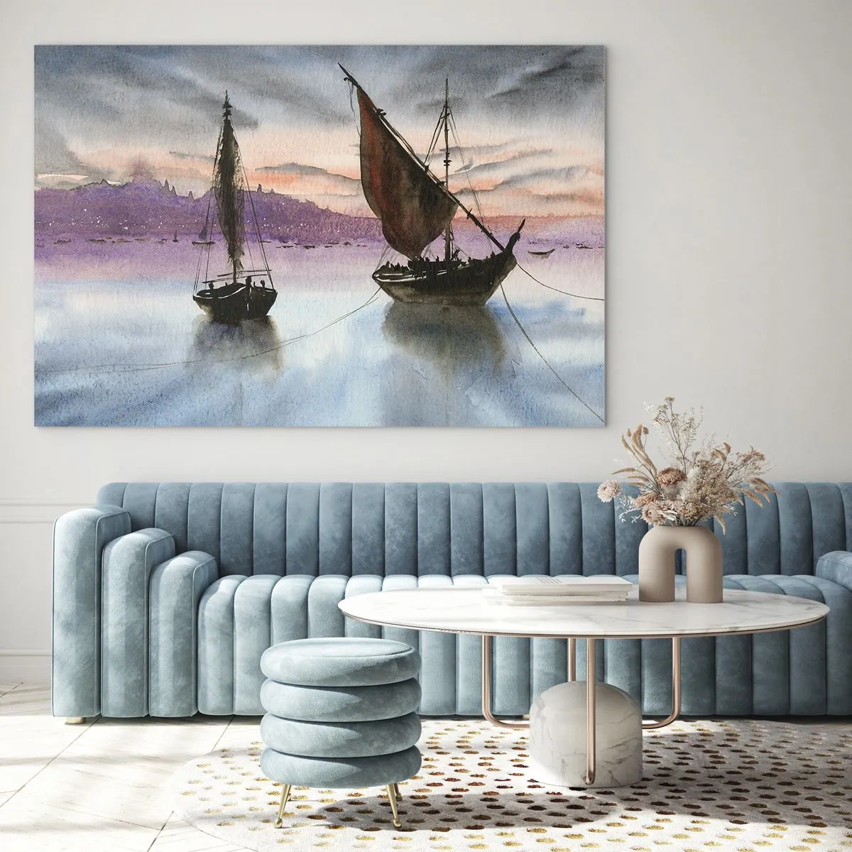 Obraz na skle - Dve plachetnice na pokojnej vode pri západe slnka - 70x50cm - Večer v prístave - Moderná nástenná dekorácia do obývacej izby a spálne ARTTOR