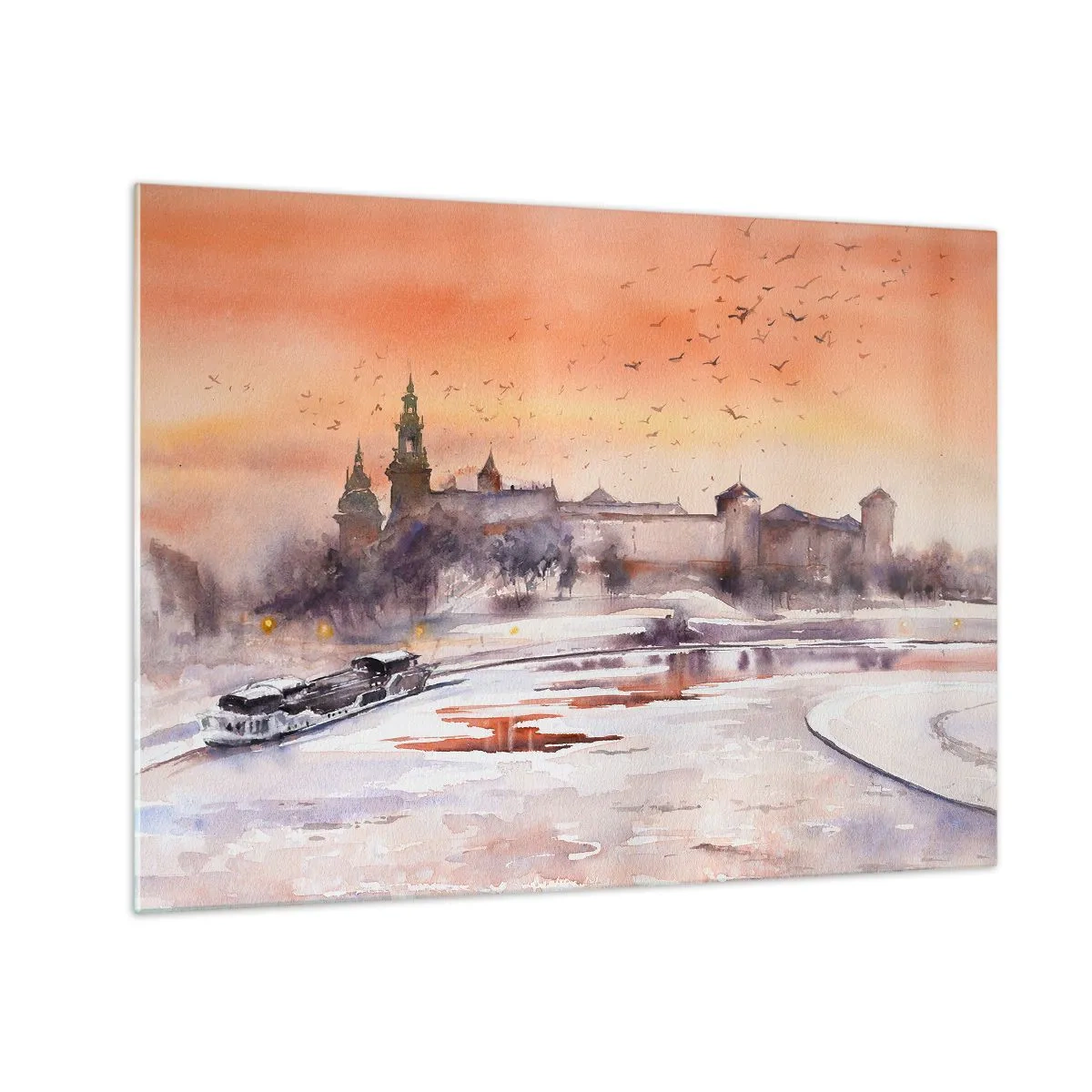 Obraz na skle - Západ slnka nad kráľovským hradom a riekou v zime - 70x50cm - Kráľovský západ slnka - Moderná nástenná dekorácia do obývacej izby a spálne ARTTOR