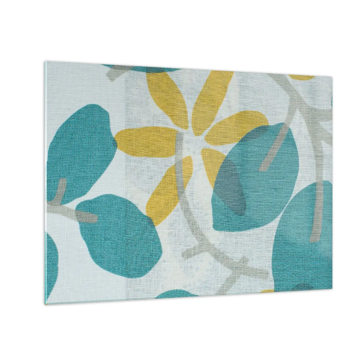 Obraz na skle - Grafika rastliny s azúrovými listami a žltými kvetmi - 70x50cm - Medzi azúrovými listami - Moderná nástenná dekorácia do obývacej izby a spálne ARTTOR