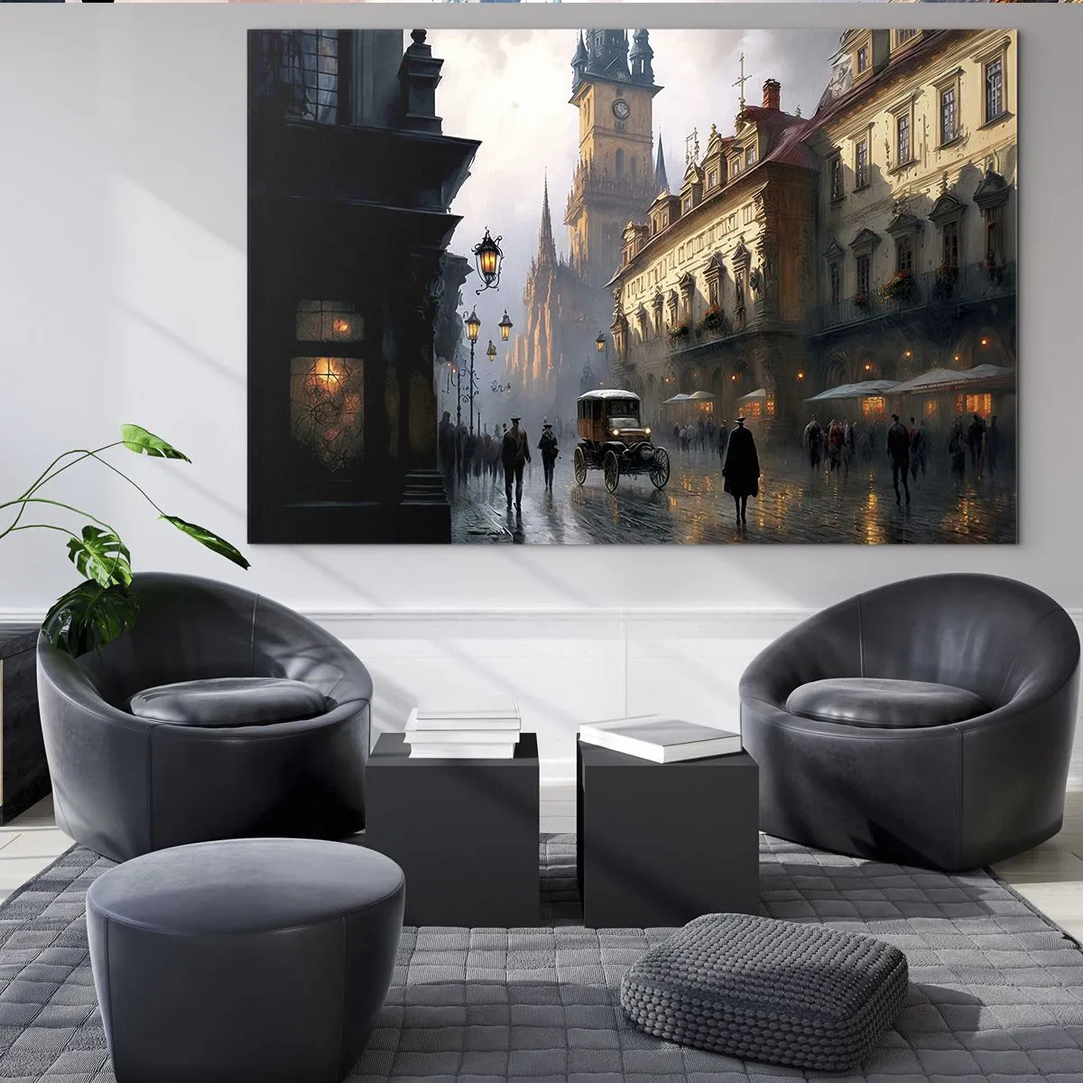 Obraz na skle - Historická ulica osvetlená lampášmi za súmraku - 70x50cm - Kúzlo pražského večera - Moderná nástenná dekorácia do obývacej izby a spálne ARTTOR