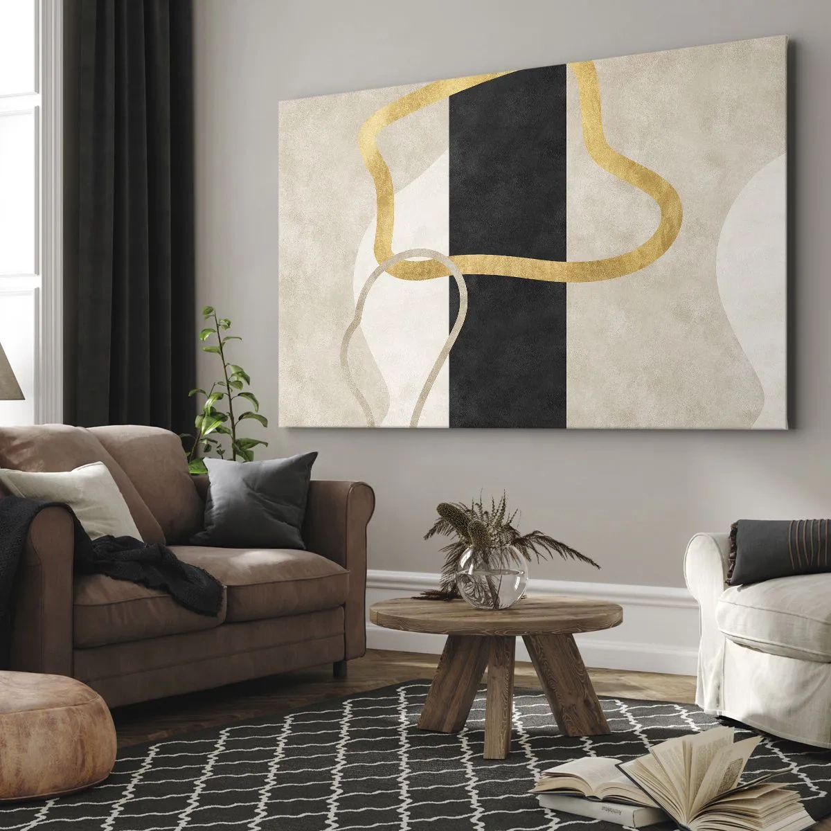 Obraz na plátne - Minimalistický dizajn so slučkovými tvarmi v zlatej a čiernej farbe. - 70x50cm - Tvary v slučke - Moderná nástenná dekorácia do obývacej izby a spálne ARTTOR