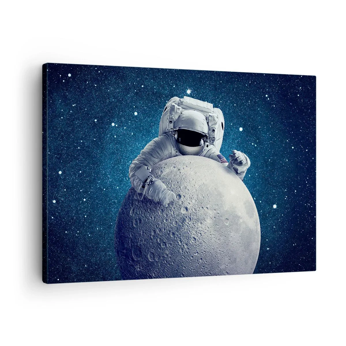 Obraz na plátne - Astronaut drží mesiac na hviezdnej oblohe - 70x50cm - Vesmírny vtipkár - Moderná nástenná dekorácia do obývacej izby a spálne ARTTOR