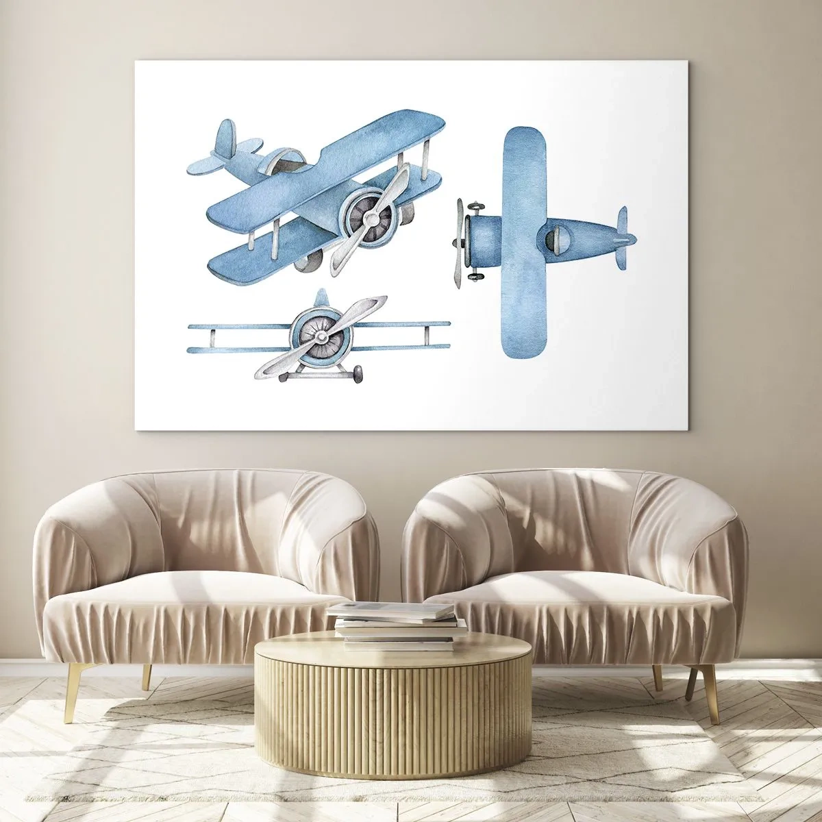Obraz na skle - Modré retro lietadlá na bielom pozadí pre deti - 70x50cm - Rodený víťaz - Moderná nástenná dekorácia do obývacej izby a spálne ARTTOR