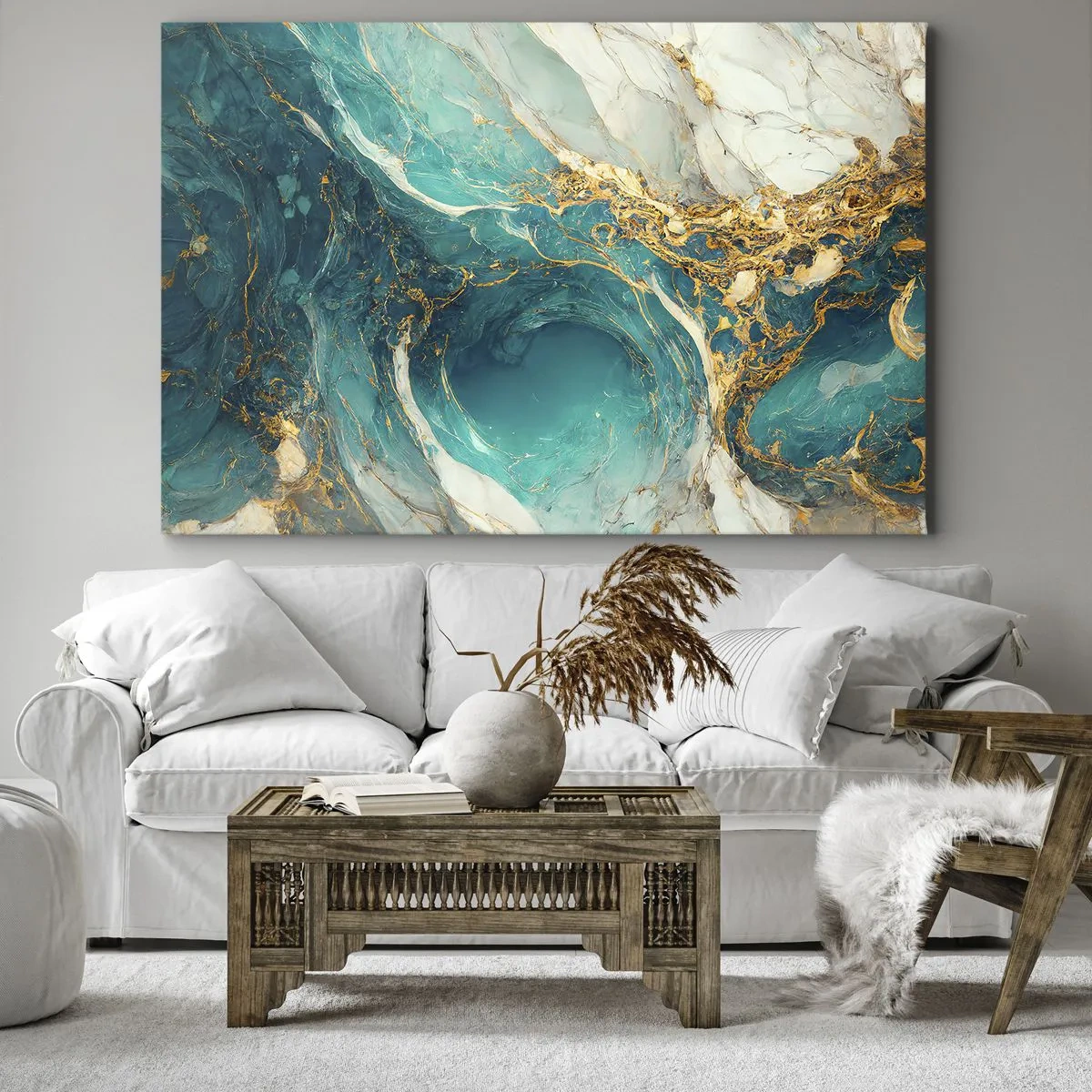 Obraz na plátne - Abstraktná kompozícia v odtieňoch tyrkysovej a zlatej. - 70x50cm - Kompozícia so zlatými žilami - Moderná nástenná dekorácia do obývacej izby a spálne ARTTOR