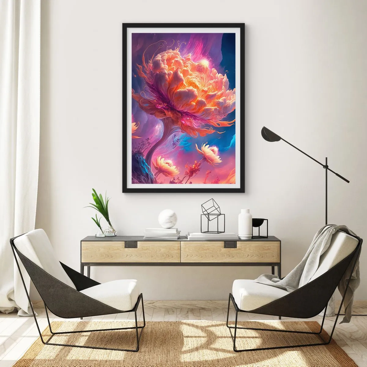 Plagát v čiernom ráme - Fantastický strom v tvare kvitnúceho kvetu - 50x70cm - Iný svet - Moderná nástenná dekorácia do obývacej izby a spálne ARTTOR