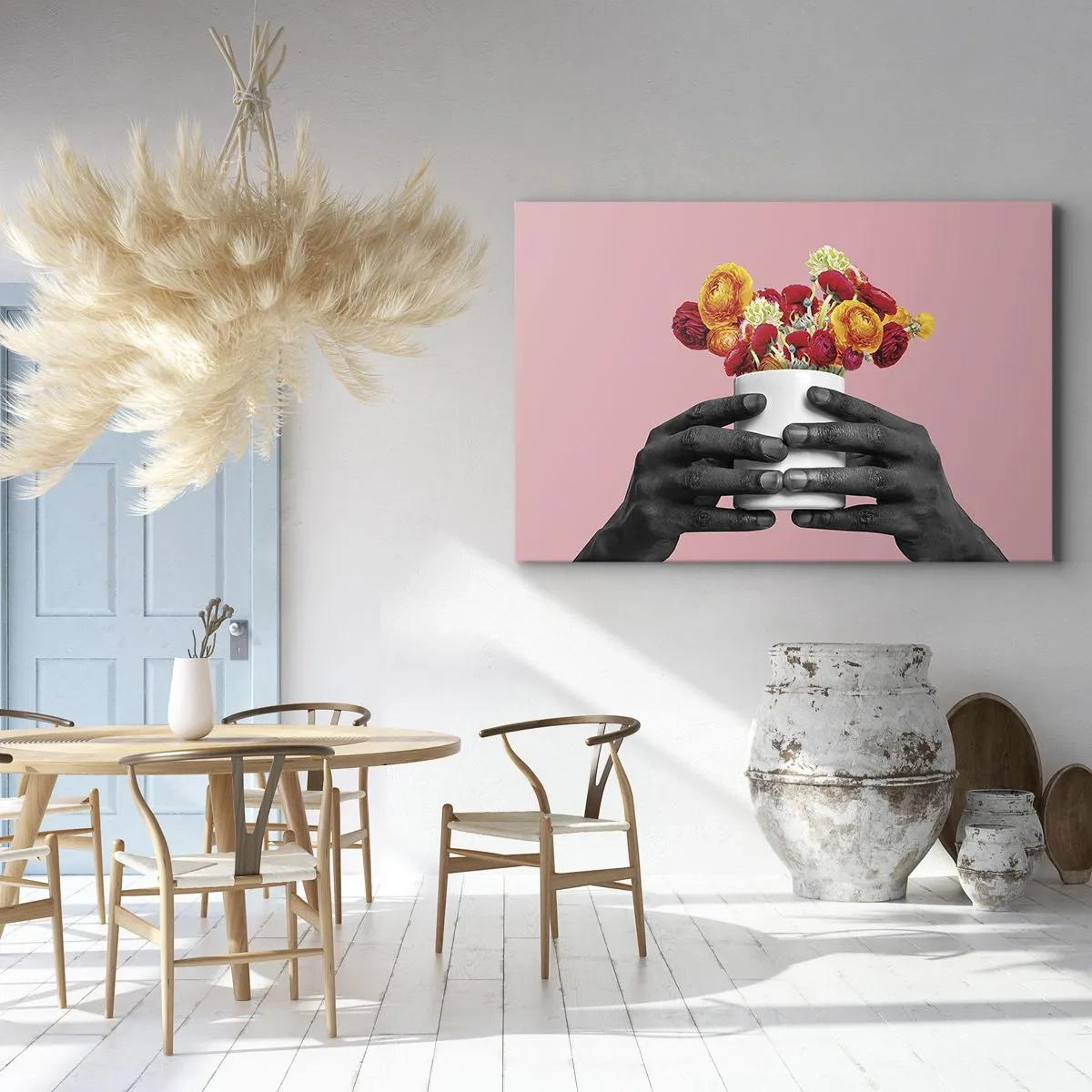 Obraz na plátne - Ruky držiace kyticu farebných kvetov - 70x50cm - Apoteóza života - Moderná nástenná dekorácia do obývacej izby a spálne ARTTOR