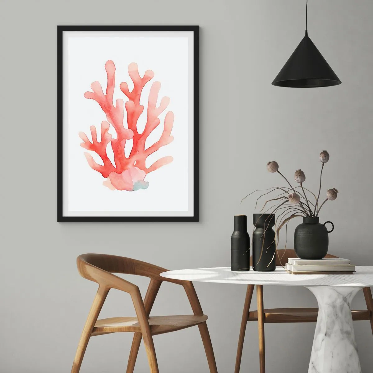 Plagát v čiernom ráme - Akvarelová ilustrácia červeného koralu na bielom pozadí - 50x70cm - Koralový koral - Moderná nástenná dekorácia do obývacej izby a spálne ARTTOR