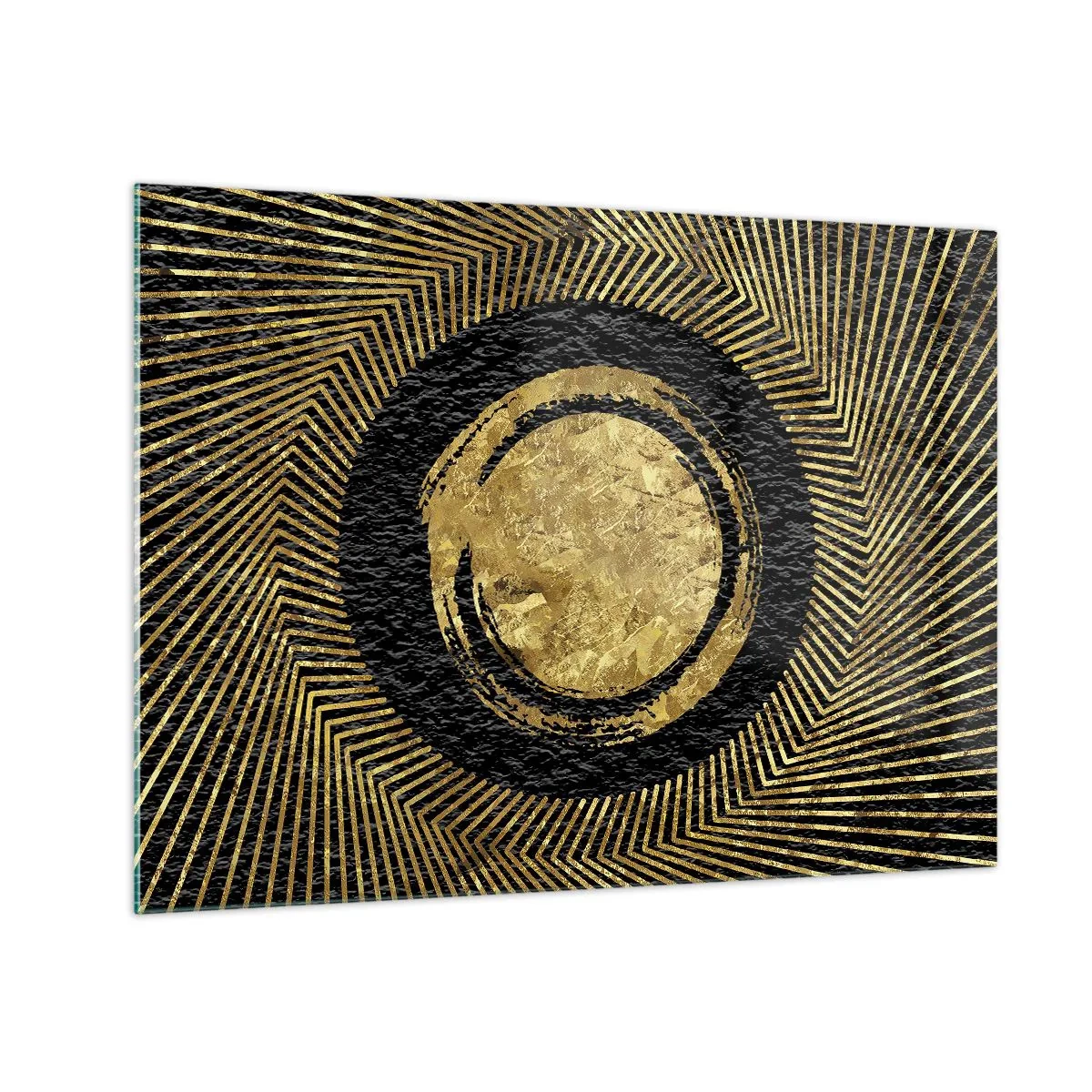 Obraz na skle - Zlatý kruh s lúčmi na čiernom pozadí v očarujúcom štýle - 70x50cm - Glamour - Moderná nástenná dekorácia do obývacej izby a spálne ARTTOR