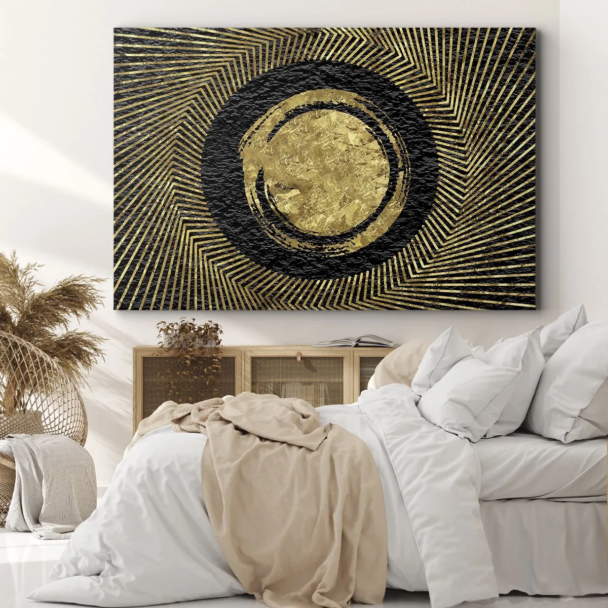 Obraz na plátne - Geometrická kompozícia v čiernej a zlatej farbe s lúčmi - 70x50cm - Glamour - Moderná nástenná dekorácia do obývacej izby a spálne ARTTOR