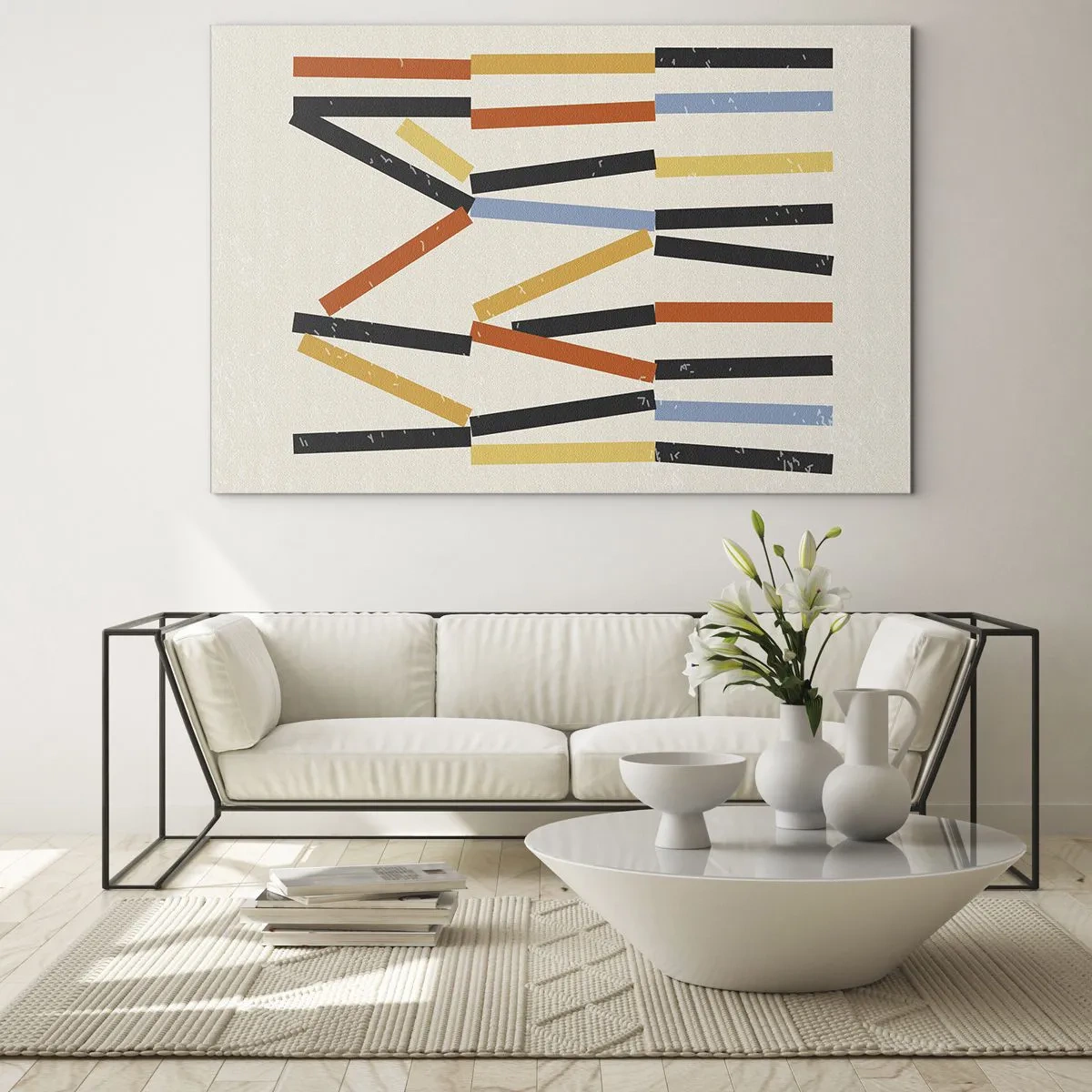 Obraz na skle - Farebná abstrakcia horizontálnych a diagonálnych pruhov na svetlom pozadí - 70x50cm - Kompozícia na úrovni - Moderná nástenná dekorácia do obývacej izby a spálne ARTTOR