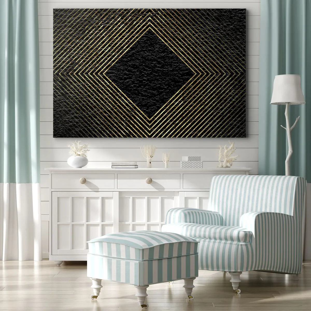 Obraz na plátne - Čierne pozadie s geometrickým vzorom zlatých čiar - 70x50cm - Geometria v štýle glamour - Moderná nástenná dekorácia do obývacej izby a spálne ARTTOR