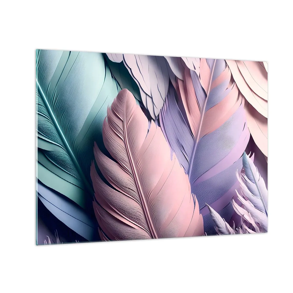 Obraz na skle - Pastelové pierka v odtieňoch ružovej, fialovej a tyrkysovej - 70x50cm - Vtáčí štýl - Moderná nástenná dekorácia do obývacej izby a spálne ARTTOR
