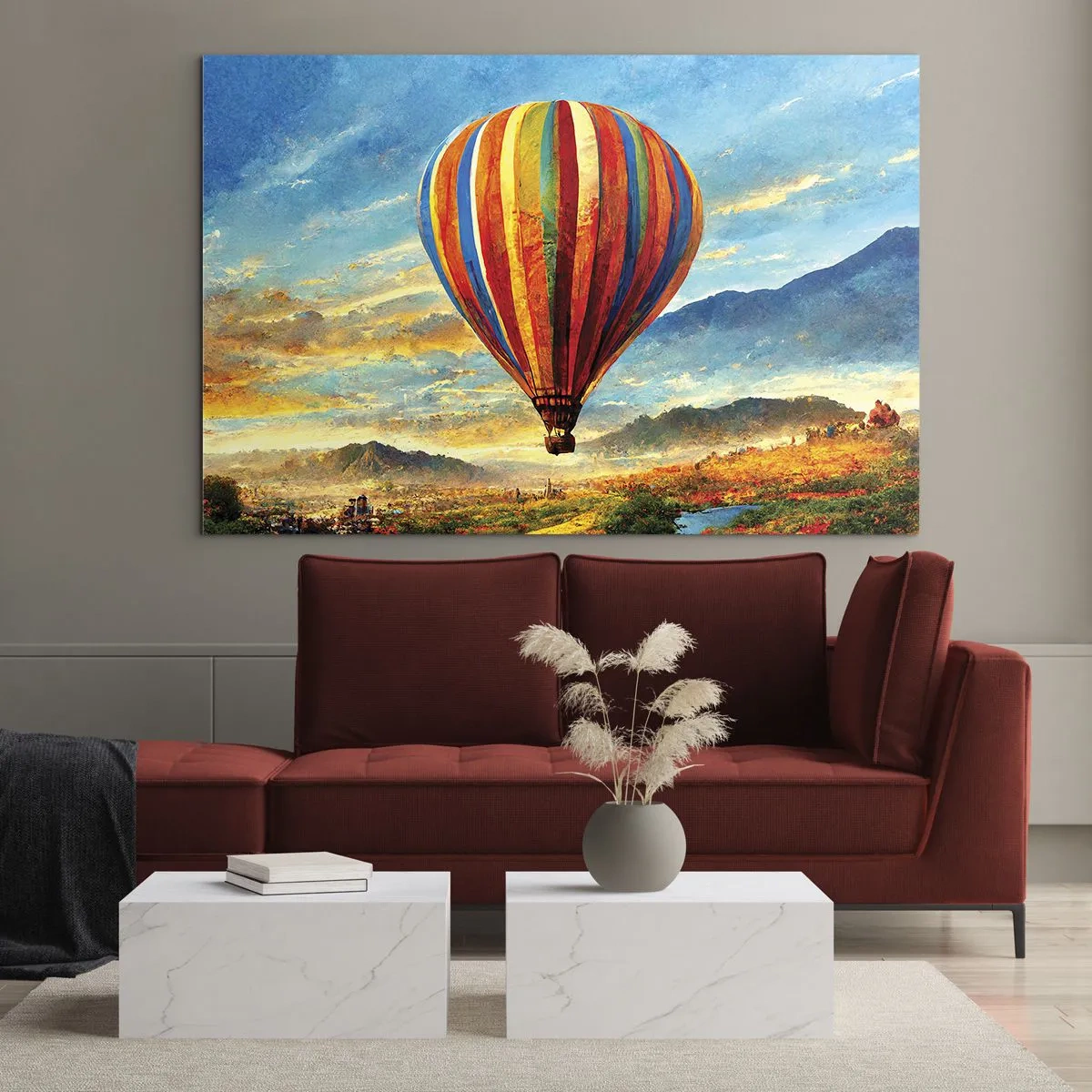 Obraz na skle - Farebný balón vznášajúci sa nad horskou krajinou - 70x50cm - V tichu je toho vidieť viac - Moderná nástenná dekorácia do obývacej izby a spálne ARTTOR