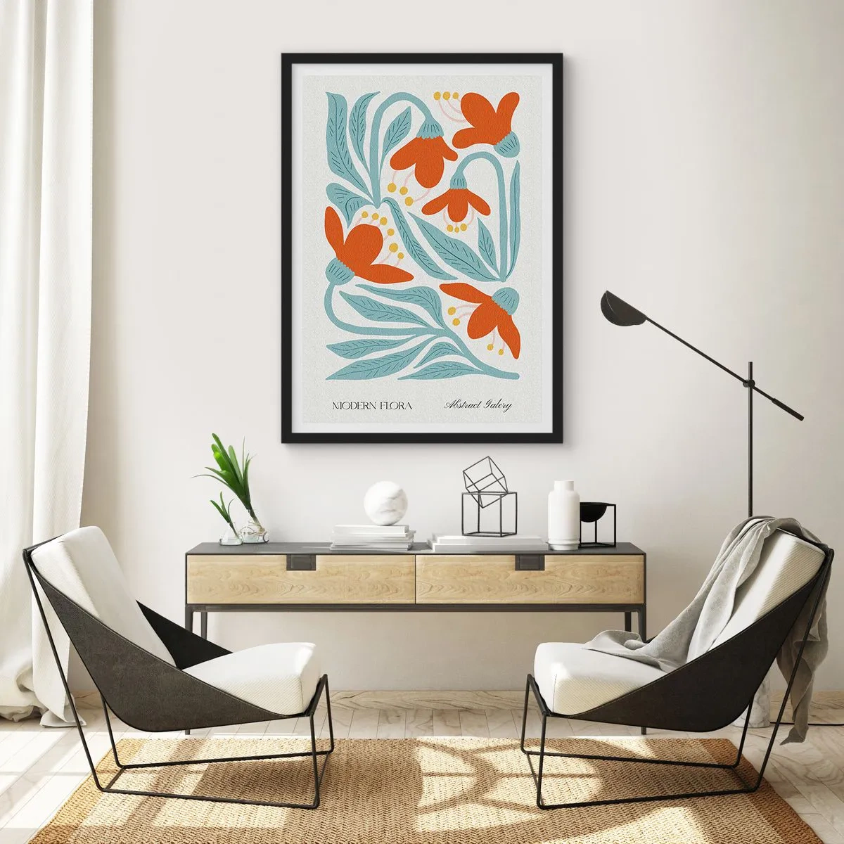 Plagát v čiernom ráme - Dekoratívne kvety v odtieňoch oranžovej a modrej - 50x70cm - K zemi, ku slnku - Moderná nástenná dekorácia do obývacej izby a spálne ARTTOR