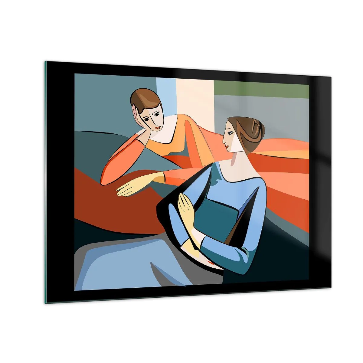 Obraz na skle - Geometrická scéna rozhovoru medzi dvoma ženami na pozadí interiéru. - 70x50cm - Dôverná chvíľa - Moderná nástenná dekorácia do obývacej izby a spálne ARTTOR
