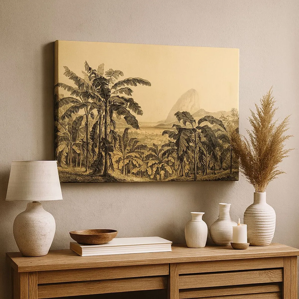 Obraz na plátne - Kresba banánových stromov na pozadí tropickej krajiny - 70x50cm - V koloniálnom štýle - Moderná nástenná dekorácia do obývacej izby a spálne ARTTOR