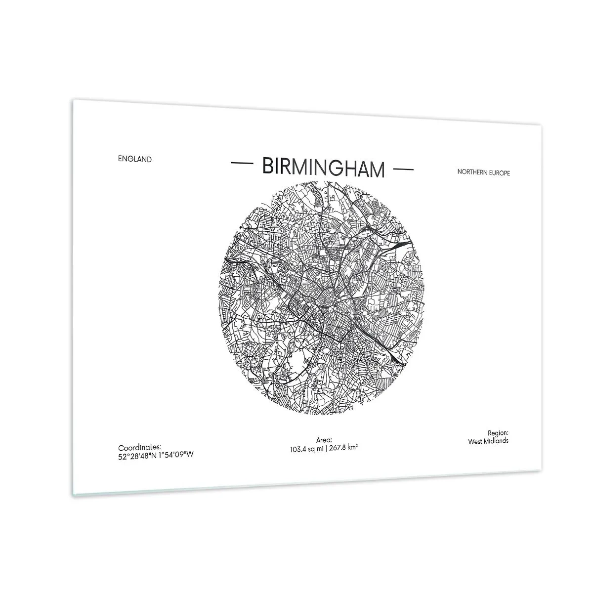 Obraz na skle - Čiernobiela mapa Birminghamu v modernom grafickom štýle - 70x50cm - Anatómia Birminghamu - Moderná nástenná dekorácia do obývacej izby a spálne ARTTOR