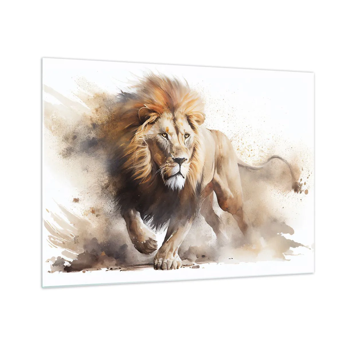 Obraz na skle - Dynamická snímka bežiaceho leva v štýle akvarelu - 70x50cm - Kráľ sa pohol - Moderná nástenná dekorácia do obývacej izby a spálne ARTTOR