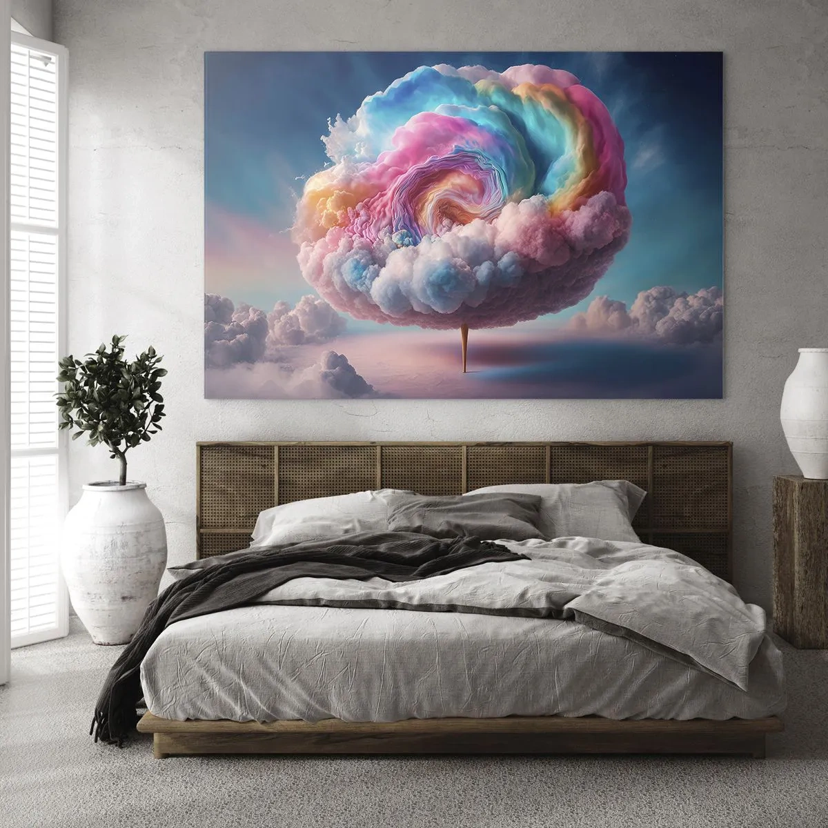 Obraz na skle - Rozkošný oblak v pastelových farbách pripomínajúci cukrovú vatu. - 70x50cm - Sen o zábavnom parku - Moderná nástenná dekorácia do obývacej izby a spálne ARTTOR