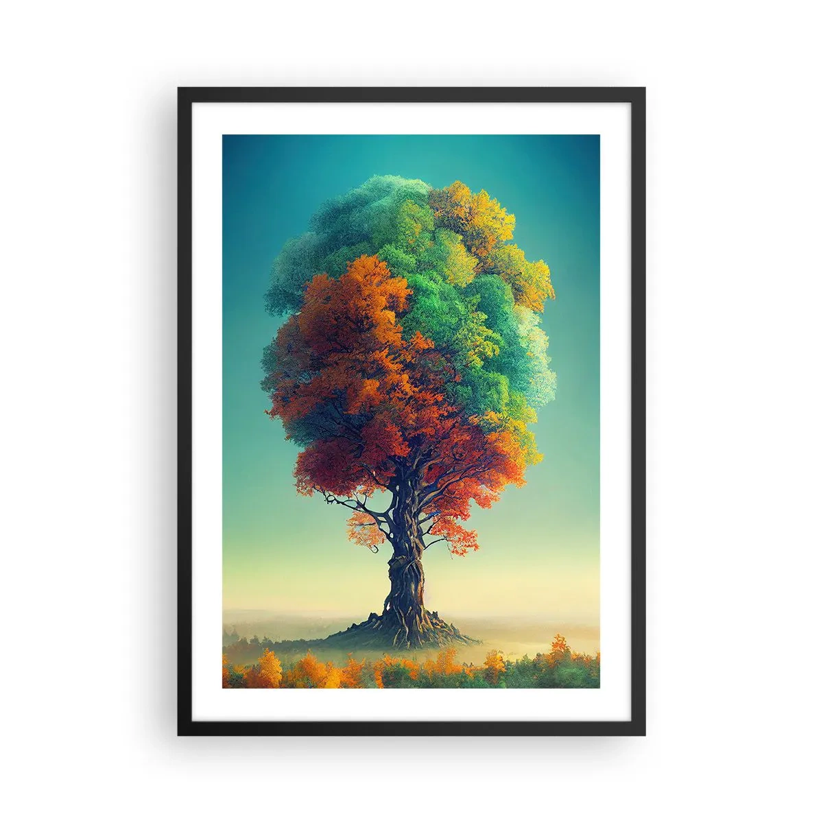 Plagát v čiernom ráme - Strom vo farbách štyroch ročných období - 50x70cm - Dub – otec prírody - Moderná nástenná dekorácia do obývacej izby a spálne ARTTOR