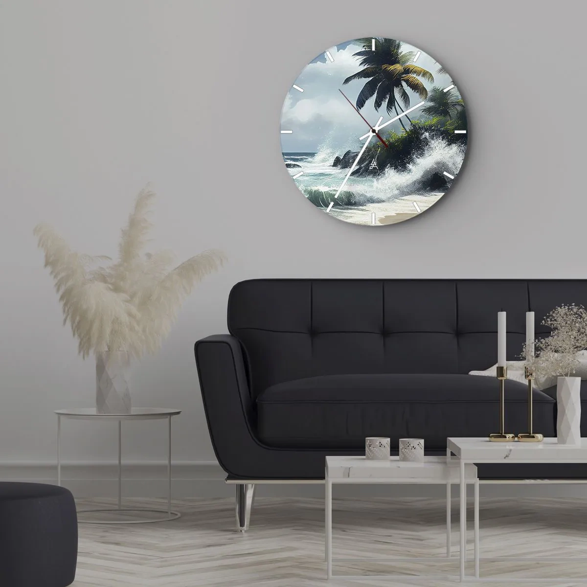 Nástenné hodiny - Tropická pláž s palmami a burácajúcimi oceánskymi vlnami - 30x30cm - Na tropickom pobreží - Moderná nástenná dekorácia do obývacej izby, kuchyne a spálne ARTTOR