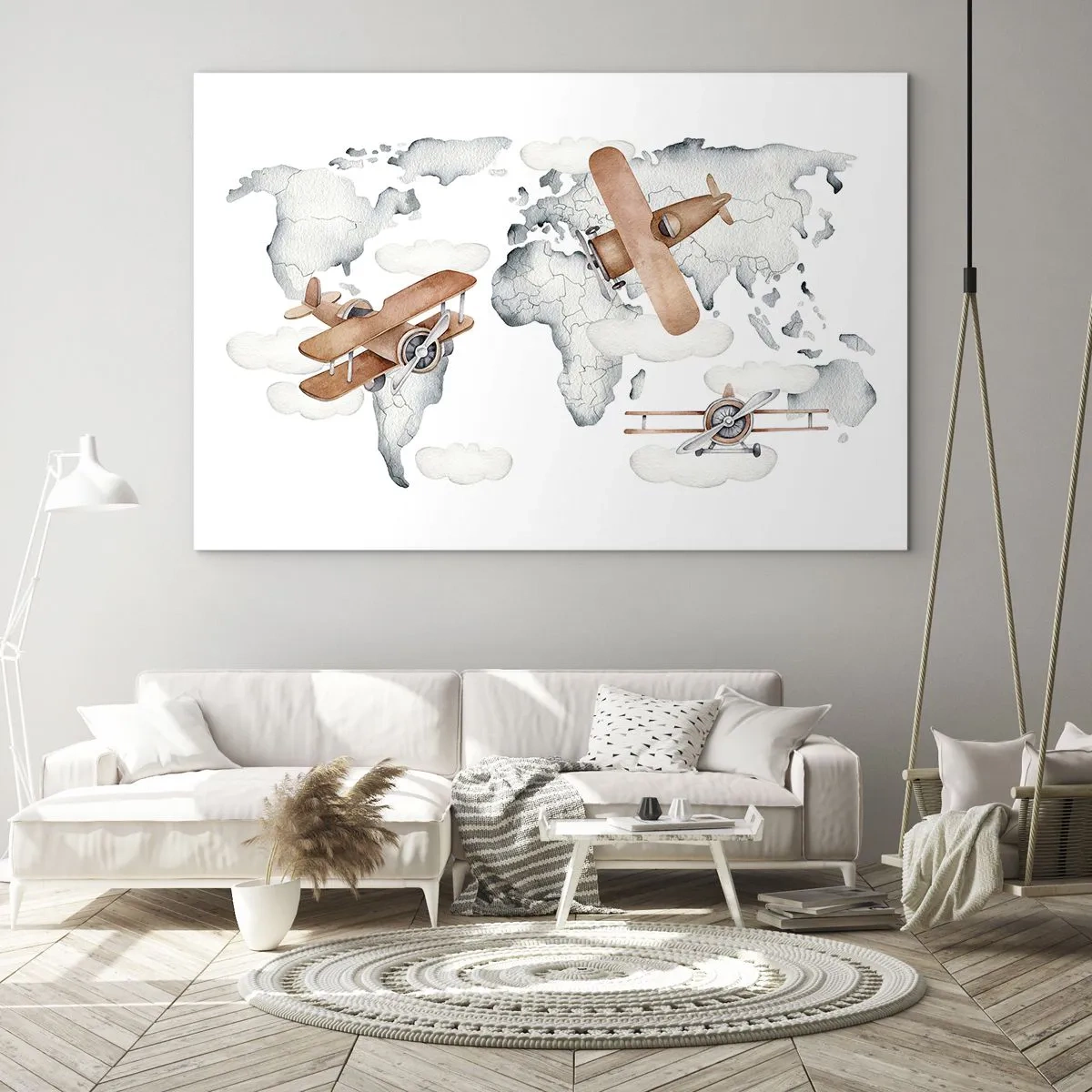 Obraz na skle - Retro mapa sveta s lietadlami pre deti - 70x50cm - V priekopníckom duchu - Moderná nástenná dekorácia do obývacej izby a spálne ARTTOR