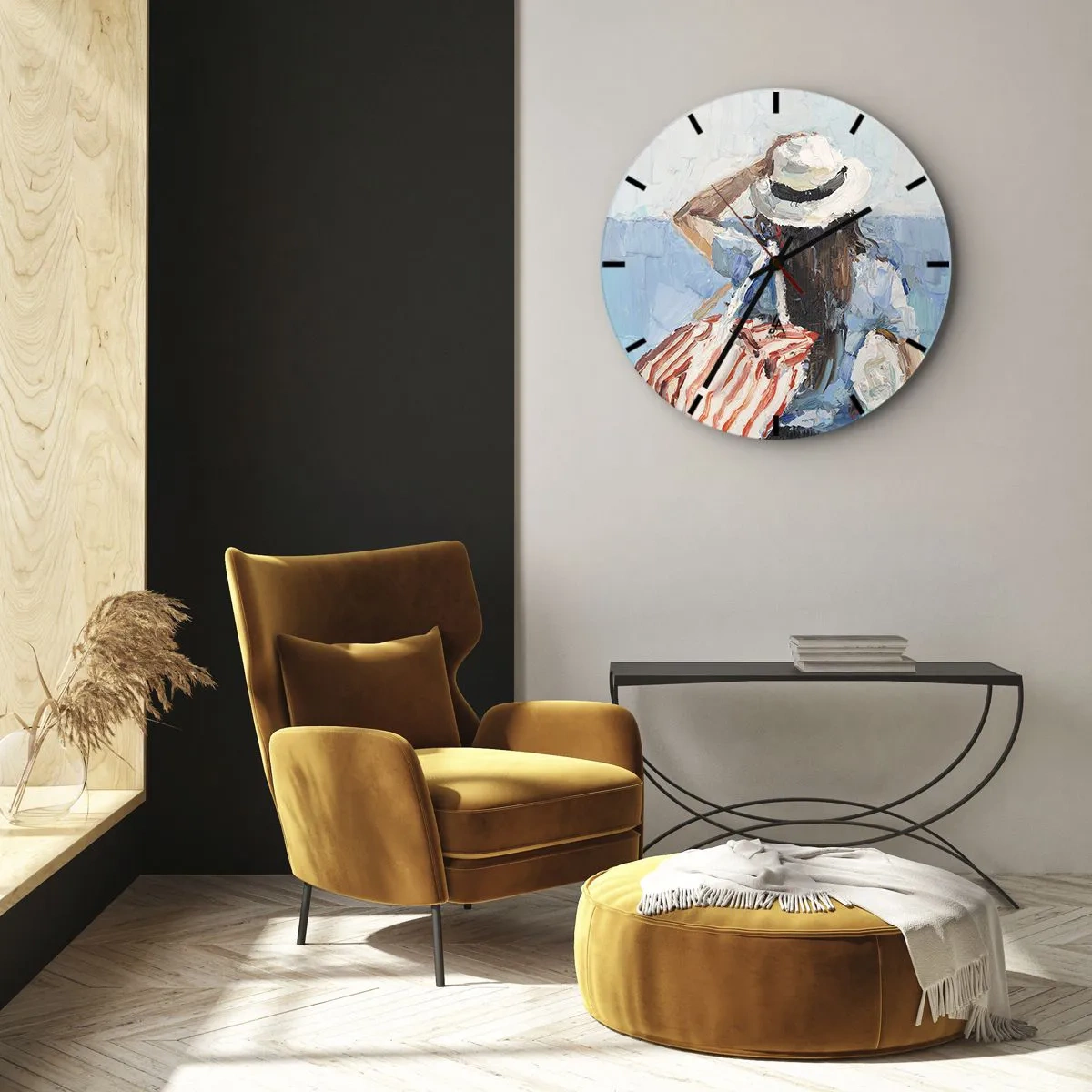 Nástenné hodiny - Letný obraz ženy v klobúku na pozadí mora - 30x30cm - Vitaj na dovolenke - Moderná nástenná dekorácia do obývacej izby, kuchyne a spálne ARTTOR