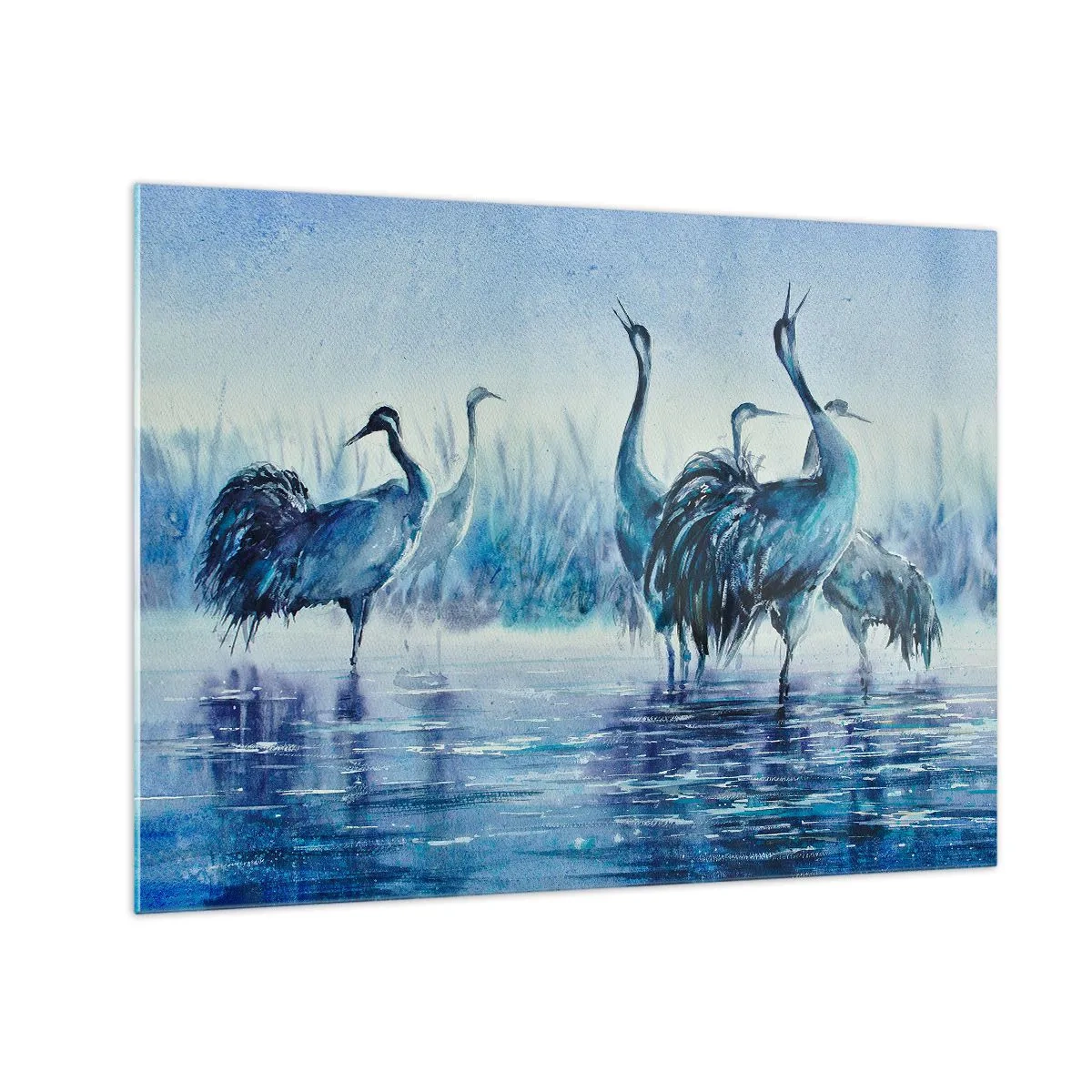 Obraz na skle - Vtáky brodiace sa v modrej vode - 70x50cm - Ranné stretnutie - Moderná nástenná dekorácia do obývacej izby a spálne ARTTOR