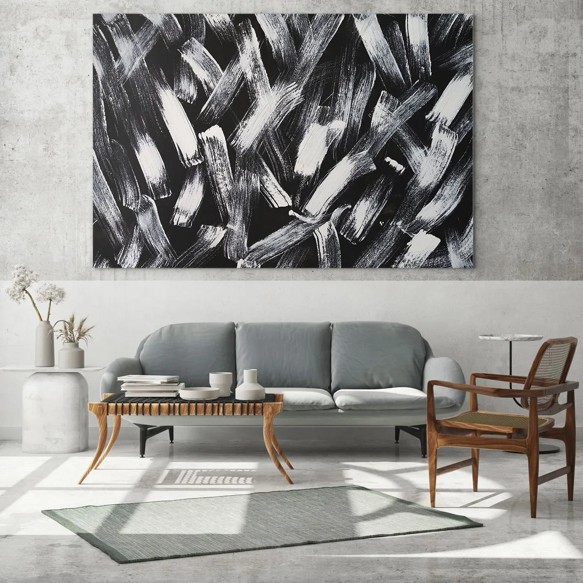 Obraz na skle - Čiernobiela abstrakcia ťahov štetcom na tmavom pozadí - 70x50cm - Abstrakcia v industriálnom duchu - Moderná nástenná dekorácia do obývacej izby a spálne ARTTOR