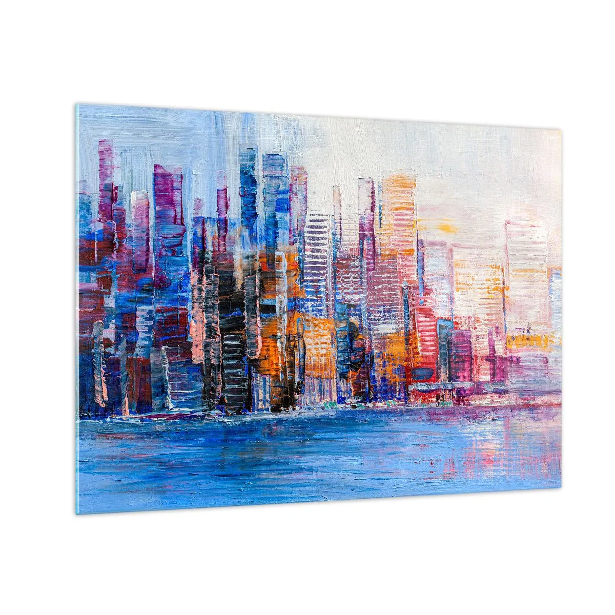 Obraz na skle - Farebná panoráma mesta maľovaná ťahmi štetca - 70x50cm - Radostná metropola - Moderná nástenná dekorácia do obývacej izby a spálne ARTTOR