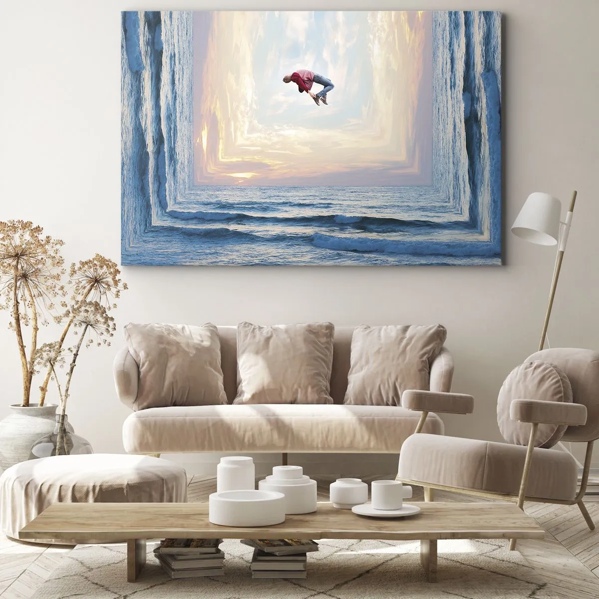 Obraz na plátne - Surrealistický skok cez more v zábere - 70x50cm - Do inej dimenzie - Moderná nástenná dekorácia do obývacej izby a spálne ARTTOR