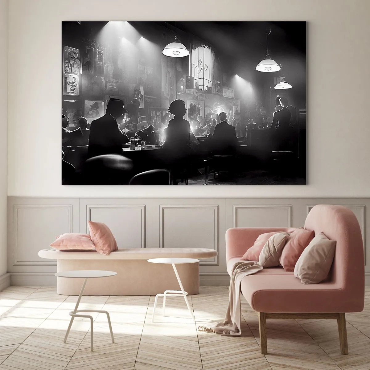 Obraz na skle - Čiernobiele jazzové pódium v interiéri klubu - 70x50cm - V jazzovej atmosfére - Moderná nástenná dekorácia do obývacej izby a spálne ARTTOR