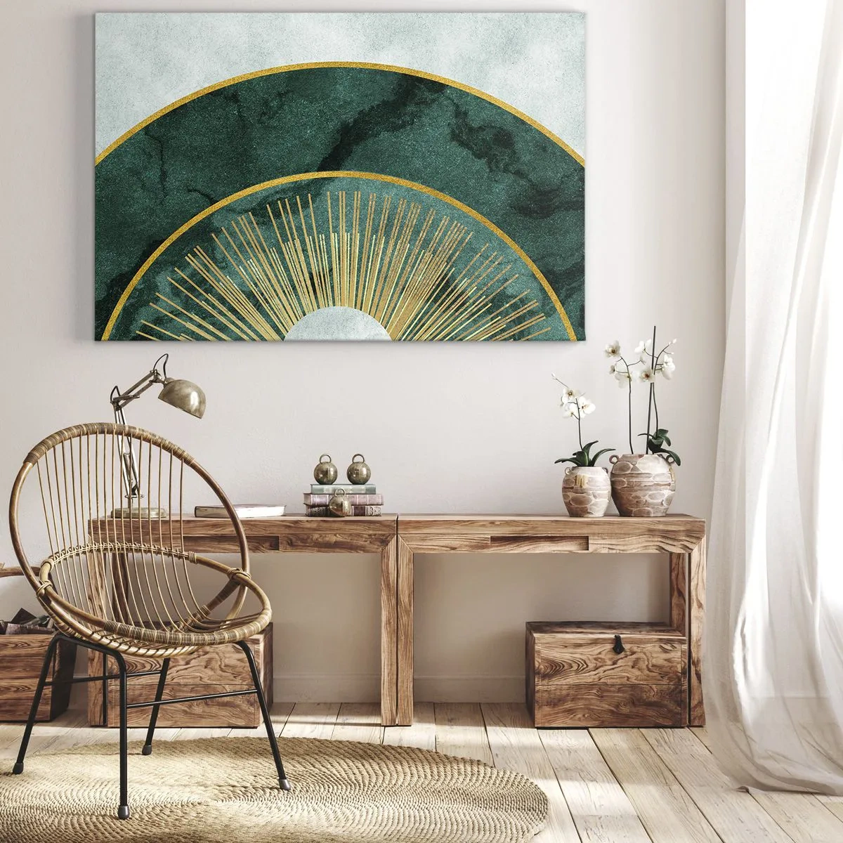 Obraz na plátne - Abstraktný vzor s kruhmi v smaragdovej a zlatej farbe. - 70x50cm - Iná slnečná sústava - Moderná nástenná dekorácia do obývacej izby a spálne ARTTOR