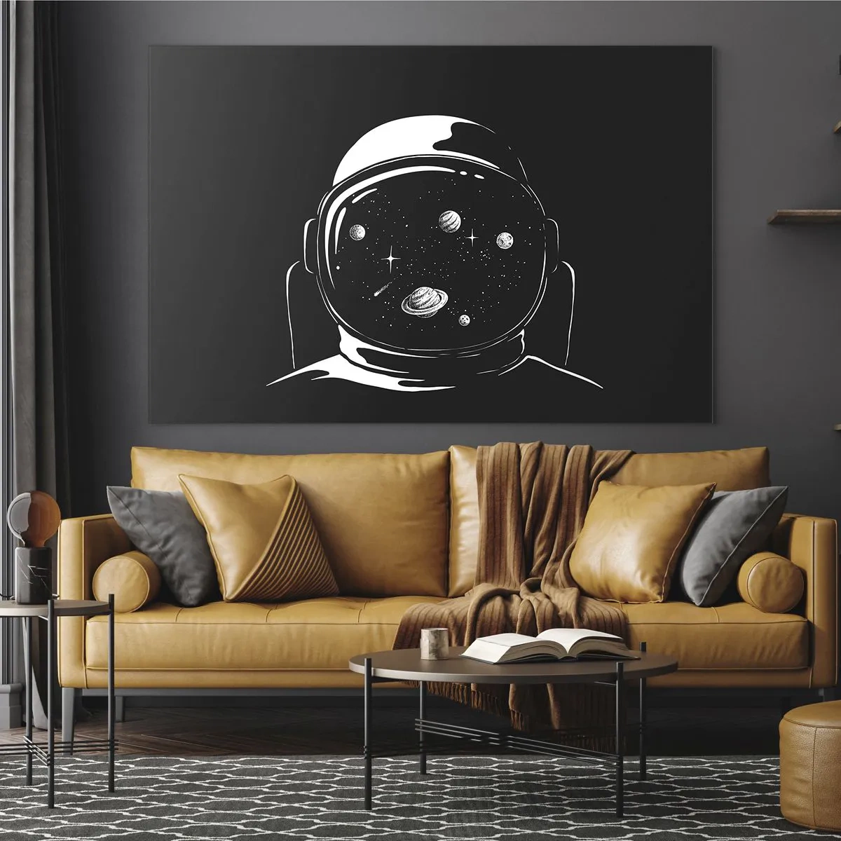 Obraz na skle - Astronaut s hviezdami a planétami v prilbe na čiernom pozadí - 70x50cm - Skvelý výhľad - Moderná nástenná dekorácia do obývacej izby a spálne ARTTOR