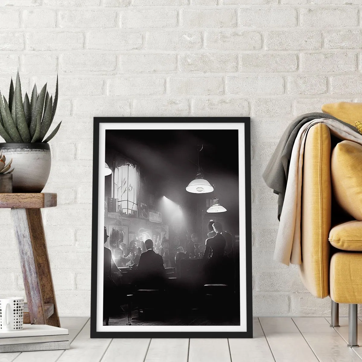 Plagát v čiernom ráme - Čiernobiela scéna z atmosférického jazzového nočného klubu - 50x70cm - V jazzovej atmosfére - Moderná nástenná dekorácia do obývacej izby a spálne ARTTOR
