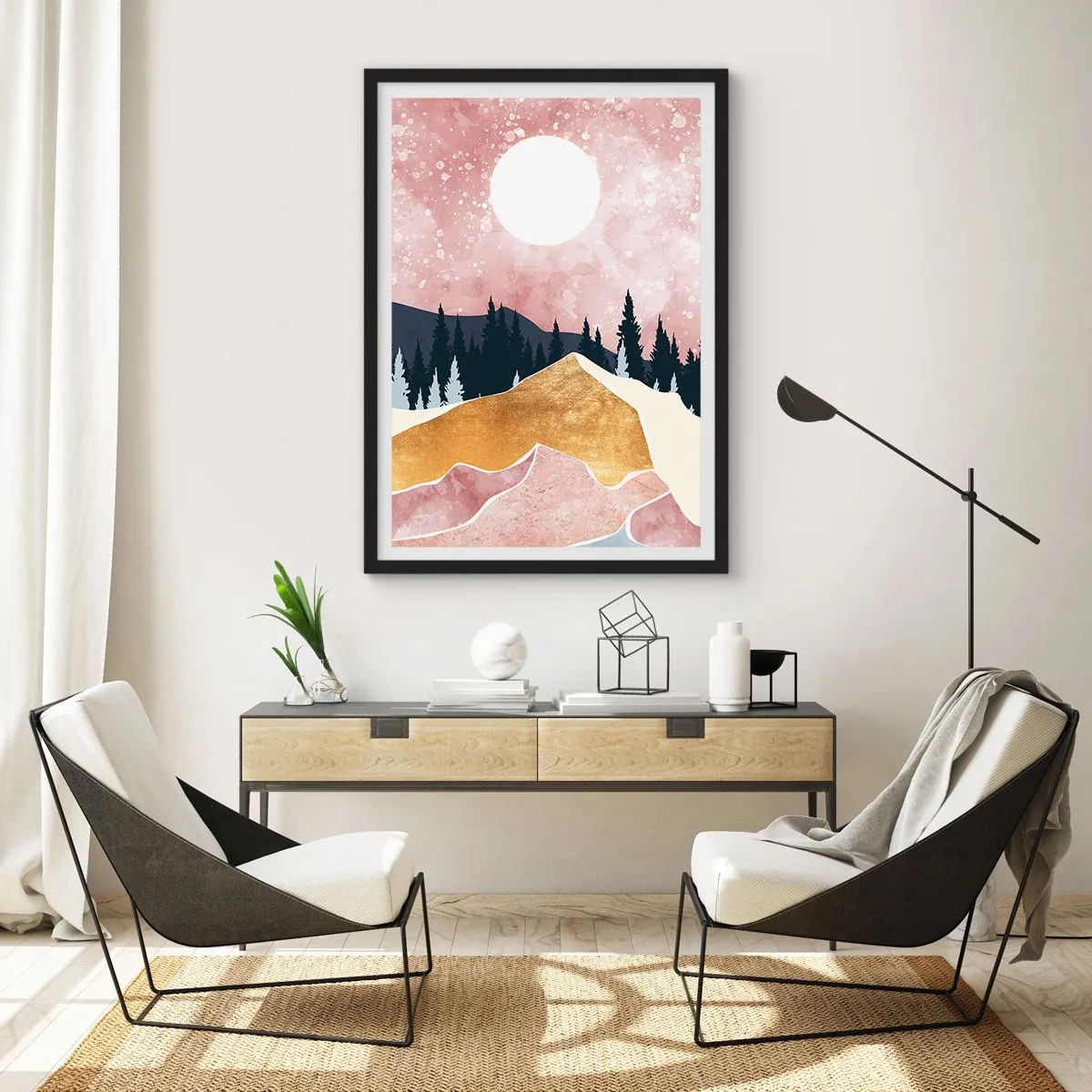 Plagát v čiernom ráme - Abstraktná krajina s lesom, horami a zlatými akcentmi - 50x70cm - Nočná hliadka - Moderná nástenná dekorácia do obývacej izby a spálne ARTTOR