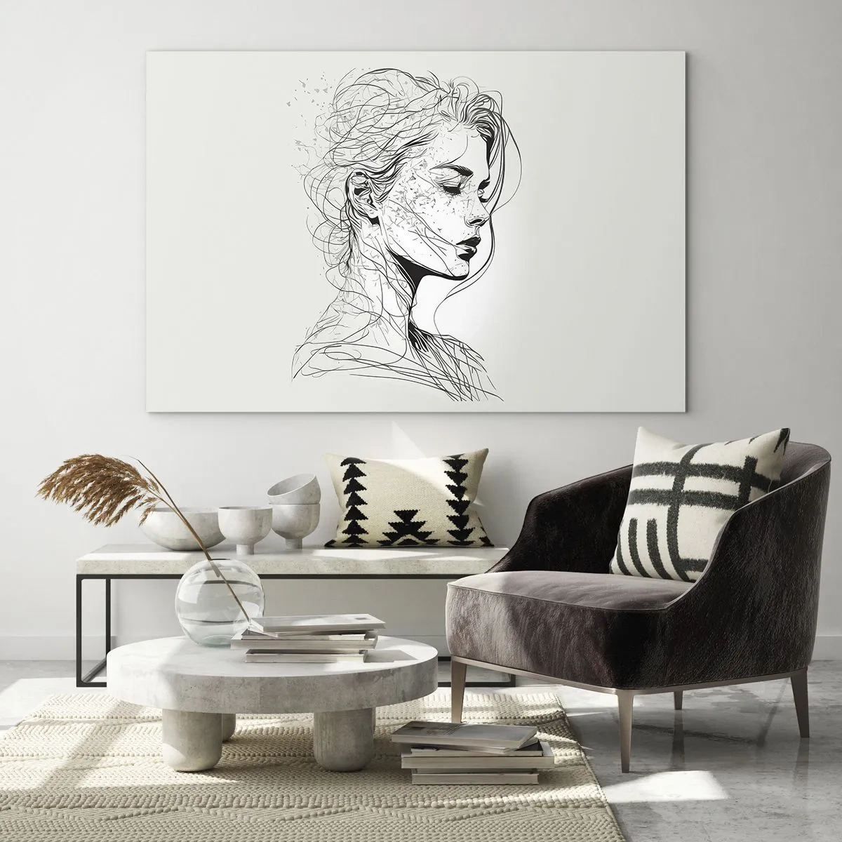 Obraz na skle - Čiernobiela skica ženy so zatvorenými očami v jemnej línii. - 70x50cm - Portrét v zamyslení - Moderná nástenná dekorácia do obývacej izby a spálne ARTTOR